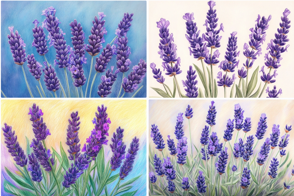 Show an image of blooming lavender flowers, with bright purple color, and drawn in an illustrated style with colored pencils