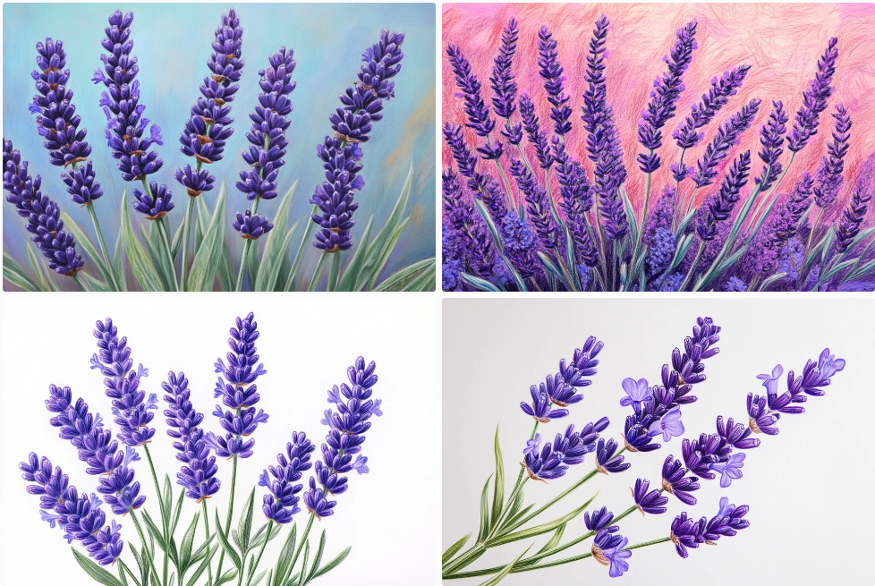 Lavender flowers, bright purple, drawn with colored pencils